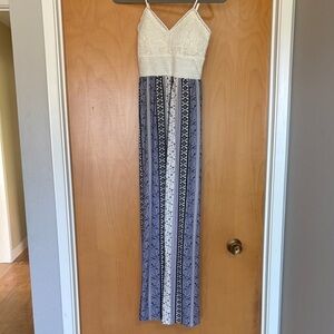 Derek Heart White Lace and Blue Patterned Maxi Dress sz small